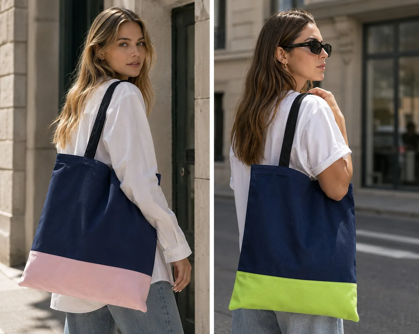 Bolsa tote gabardina bicolor azul marino rosa verde uso diario corporativa Chile
