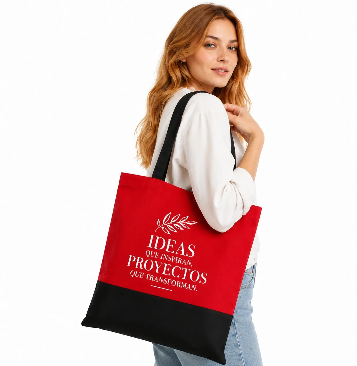 Bolsa tote gabardina rojo negro frase corporativa empresa personalizada Chile