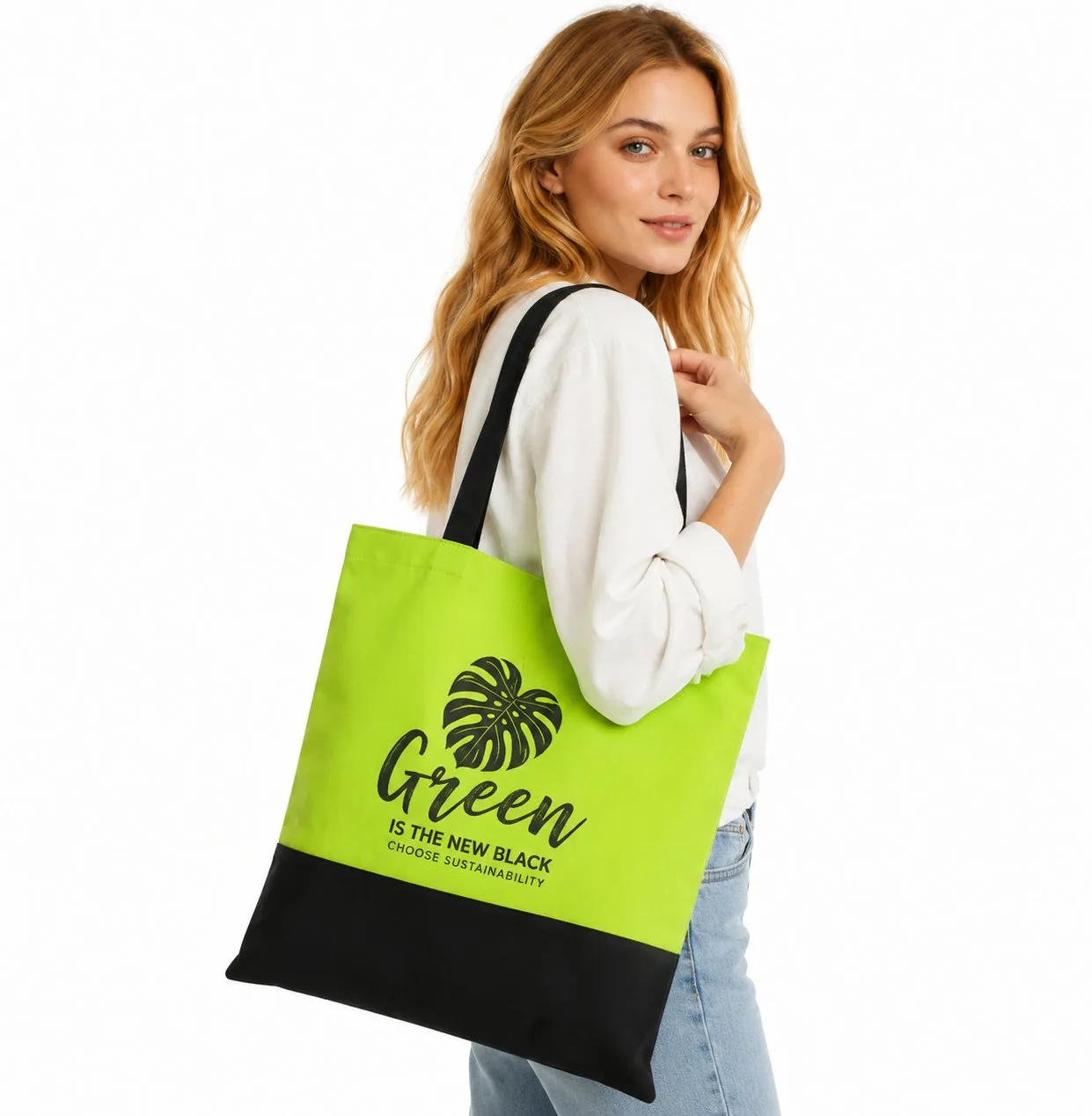 Bolsa tote gabardina bicolor verde lima negro regalo mujer corporativo mayorista Chile
