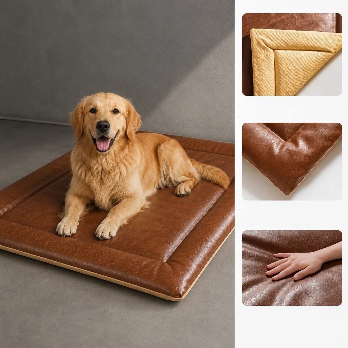 Golden Retriever en cama café cognac PU cuerina detalle textura