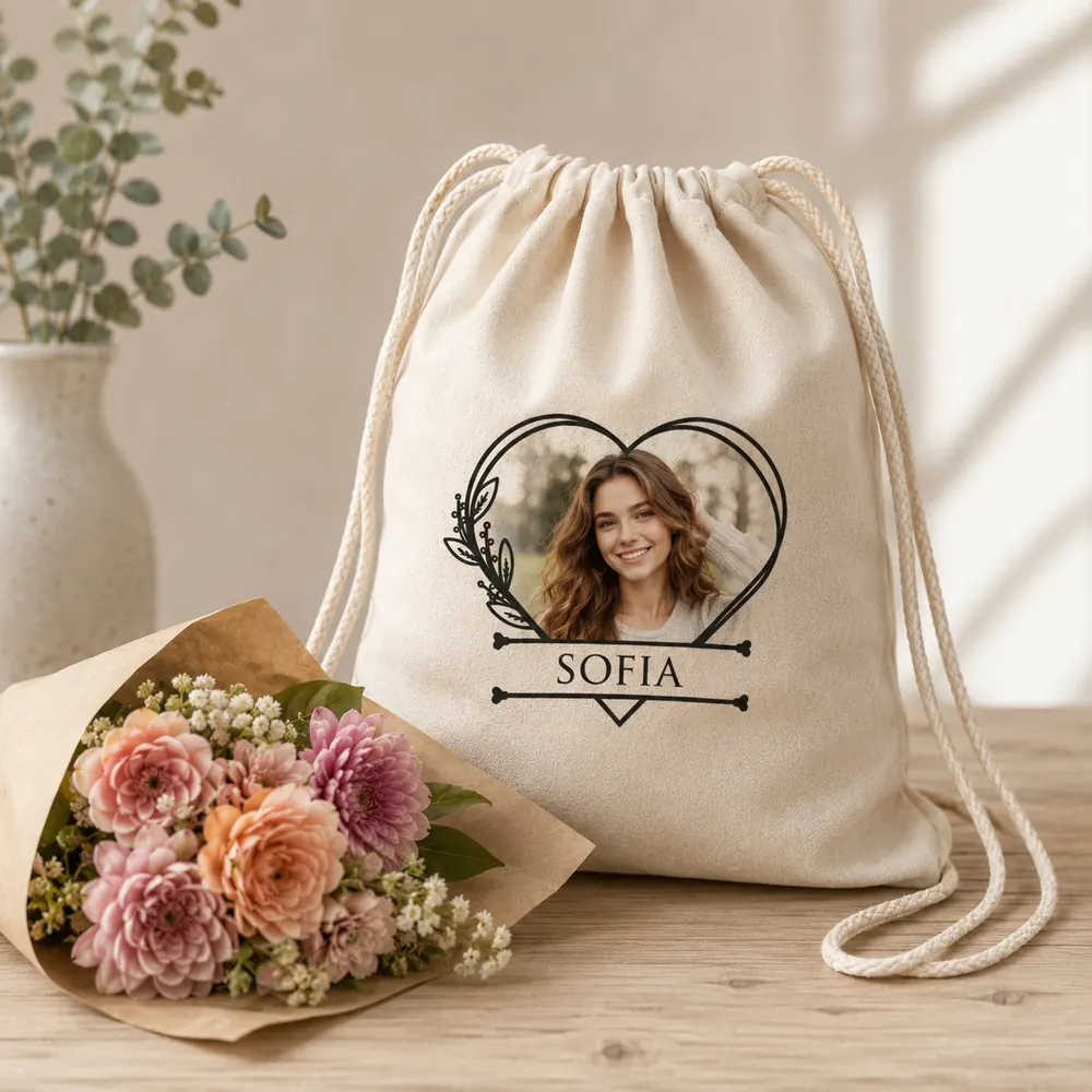 Morral personalizado con foto y nombre tela algodón natural mayorista Chile